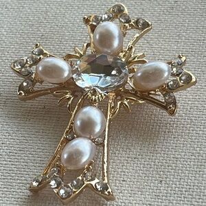 Vintage Jeweled Cross Brooch | Faux Pearls & Rhinestones